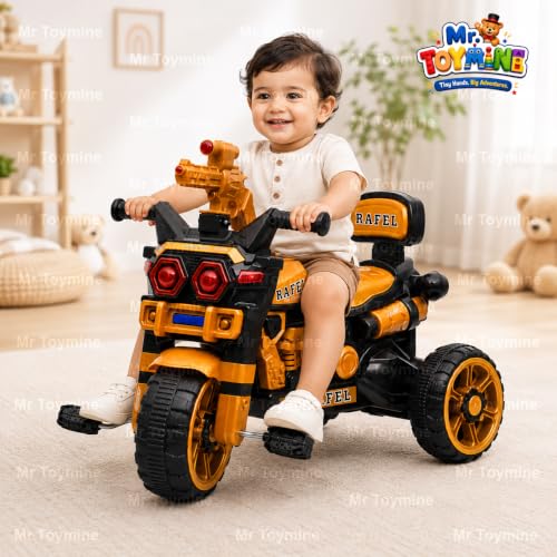 Image of RAFEL Bike Pedal Tricycle for Kids Toddler Trike Headlight, Music, Curved Seat and Backrest Push Along Pedal Trike for 2 Years to 4 Years | Golden | TOYMINE