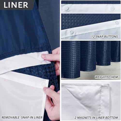 Image of Furlinic No Hook Waffle Weave Shower Curtain with Snap in Fabric Liner Set,Heavy Duty Textured Bathroom Curtain with See Through Window,Waterproof & Machine Washable,Navy Blue,Stall 48x72 Inch