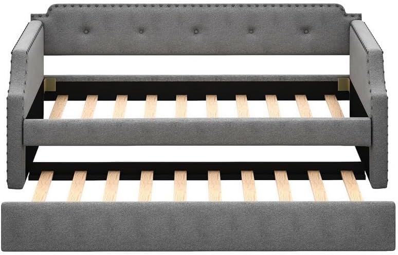 Twin Daybed with Trundle, Linen Upholstered Twin Size Sofa Bed Frame with Wood Slat Support, Twin Bed Frame with Button Tufted Backrest and Nailhead Trim, No Box Spring Needed, Easy Assembly, Grey