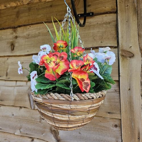 Best Artificial Panier suspendu Pensée 25,4 cm – Convient pour une utilisation en extérieur – Résistant aux intempéries (rouge flamme et blanc)