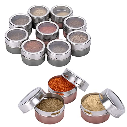 Kingmate Lot De 12 Pots à Épices Ronds Magnétiques En Acier Inoxydable Pour Cuisine, Boîte à Épices Magnétique En Verre, Faciles à Nettoyer Et Antirouille