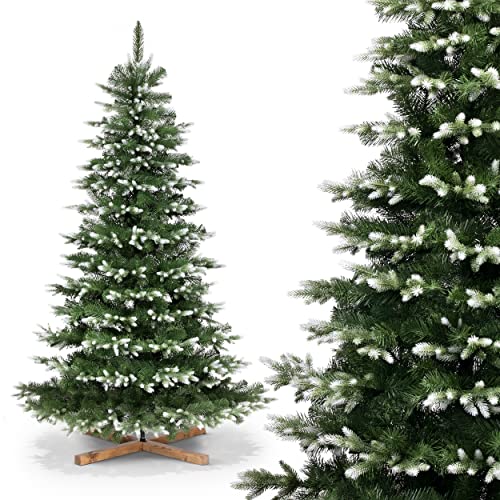 FAIRYTREES Sapin Nordmann Noble Enneigé, Sapin de Noël Artificiel, Socle en Bois, 150cm Cover