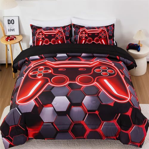 NTBED 3D Gaming Comforter Set for Boys Kids Teens,5pcs Gamer Bedding Sets with Sheet,Game Console Bed in a Bag (Red, Twin)