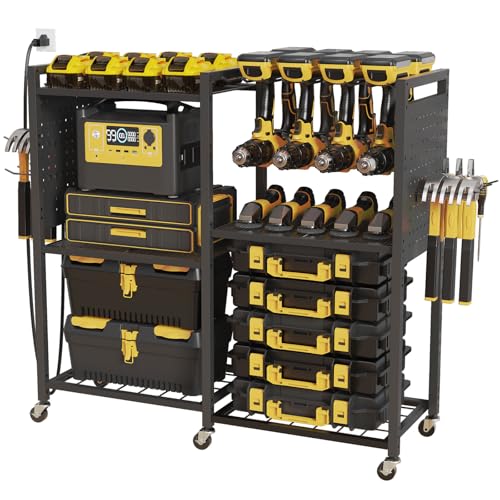 Image of Goyappin 6-Tier Large Power Tool Organizer Cart with Charging Station, Heavy-Duty Garage Rolling Tool Cart with 6 Wheels, 8 Hooks & Adjustable Shelves, Holds 700LBS+