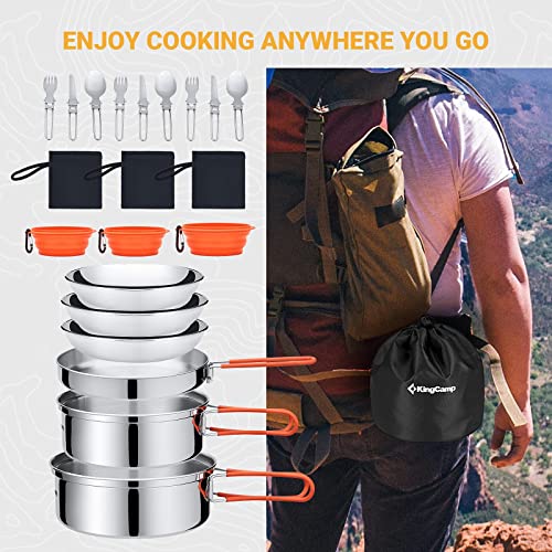 Kingcamp 25 Pcs Stainless Steel Camping Cookware Mess Kit Lightweight Compact Backpacking Cooking Set For Outdoor Picnic Hiking Includes Pot Pan Bowls Plates Knife Spoon Fork 3 Persons #TOP4