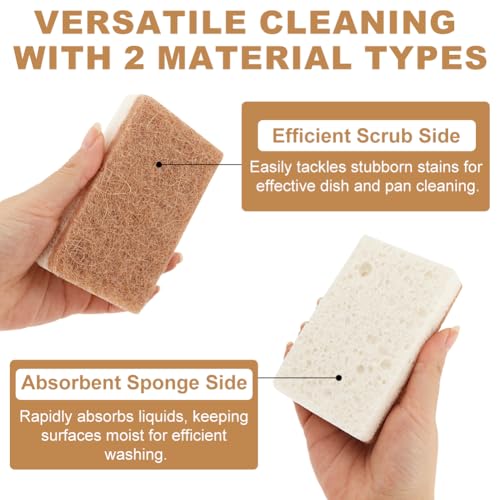 Image of 12pcs Natural Sponges for Dishes, Biodegradable Compostable Cellulose and Coconut Scrubber Sponge, Non-Scratch Reusable Cleaning Sponge for Removing Dirt and Oil in The Kitchen(Brown+White)