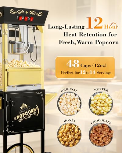 Image of Large Popcorn Machine with Cart: 12 Oz Vintage Commercial Popcorn with Foldable Stand Makes Up to 48 Cups, 3 Serving Cups, Measuring Cups & a Scoop for Home Party Office, Black