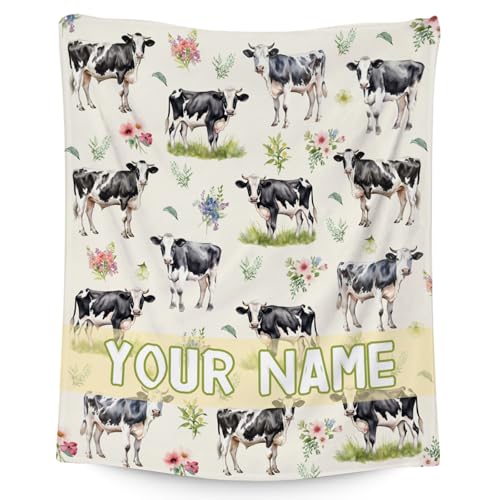 Custom Cow Blanket for Boys, Cozy Soft Throw Gifts, Cute Yellow Flannel Throw Blankets for Couch Office, 50x60 Inches