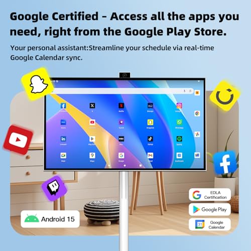 تلفزيون ذكي محمول بعجلات من في ال اتش، تلفزيون دوار لاسلكي 27 بوصة مع واي فاي 1080P 6+128GB اندرويد 15، شاشة تعمل باللمس، بطارية مدمجة 27000mAh، تلفزيون محمول لاسلكي