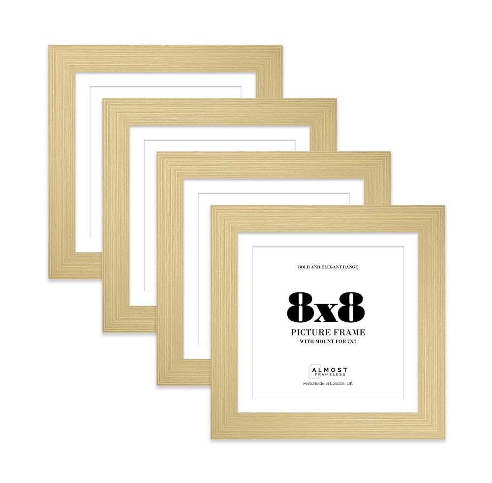 8x8" Gold Square Frame With Mount for 7x7" Pictures 28mm Edge Frame Display with Wall Hooks and Kickstand, 4 Pack