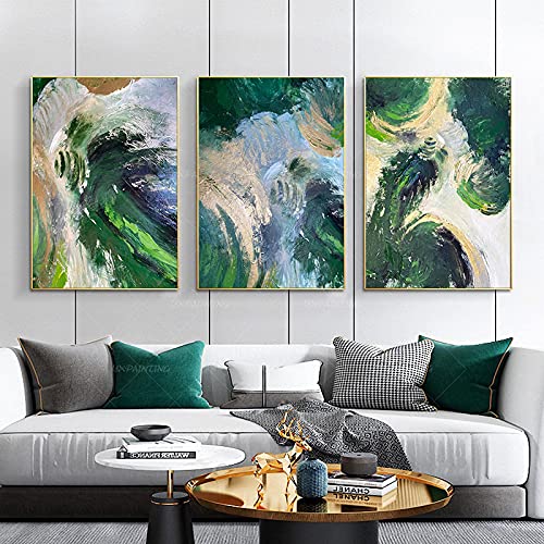 Art mural abstrait affiche verte lot de 3 toiles dorees 70x100 cm pour salon