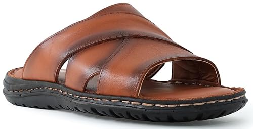 Lusco Sandals Mens Open Toe Full leather Comfort Indoor and Outdoor Summer Sliders T2 (Tan, UK Footwear Size System, Adult, Men, Numeric, Medium, 8)