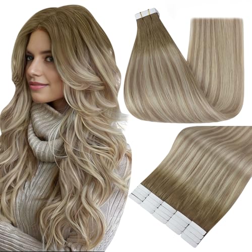 Image of Full Shine Tape in Hair Extensions, Ash Brown Blonde Ombre 14 Inch | 50g 20PCS, Seamless Skin Weft Tape Ins Human Hair Extensions, Double Sided Remy Finish Smooth Texture Daily Wear