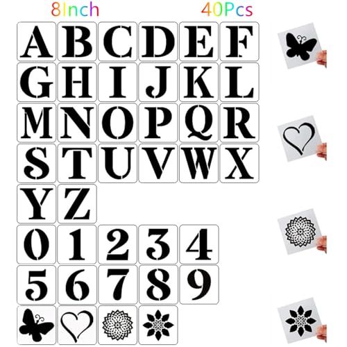 8 Inch Letter Stencils and Numbers,40 Pcs Reusable Plastic Large Alphabet Art Craft Stencils for Painting on Wood, Wall, Fabric, Rock, Chalkboard,Signs, DIY Art Projects