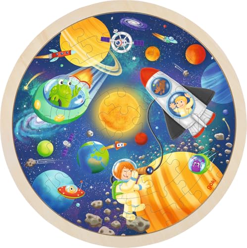 goki 57365 - Einlegepuzzle Weltall - 57 Teile aus Holz - Rundes Einlegepuzzle - fĂĽr Kinder ab 4 Jahren