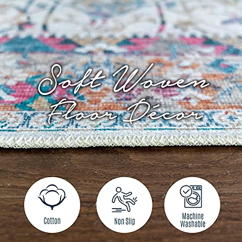 Softwoven Rugs, 8X10 Machine Washable Rug, 90% Cotton, Non-Slip, Family & Pet Friendly, Stain Resistant, Non-Shed, Traditional Vintage Area Rug For Living Room, Hallway - White Multi Flower #TOP5