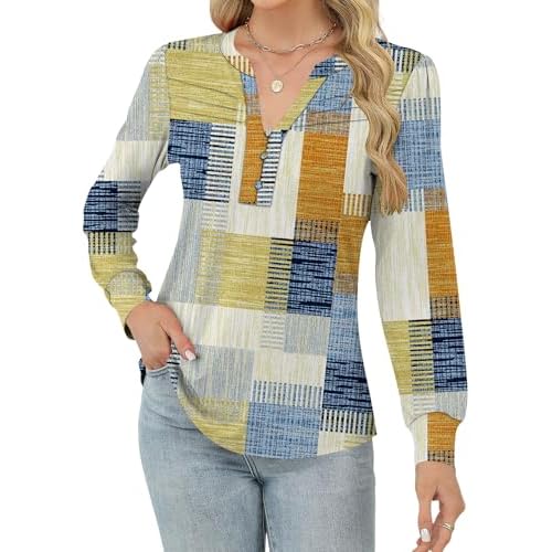 Rapbin Womens V Neck Long Sleeve Button Down Tunic Blouses Fall Fashion 2025 Dressy Casual Pleated Tops for Leggings Multicolor Squares Small