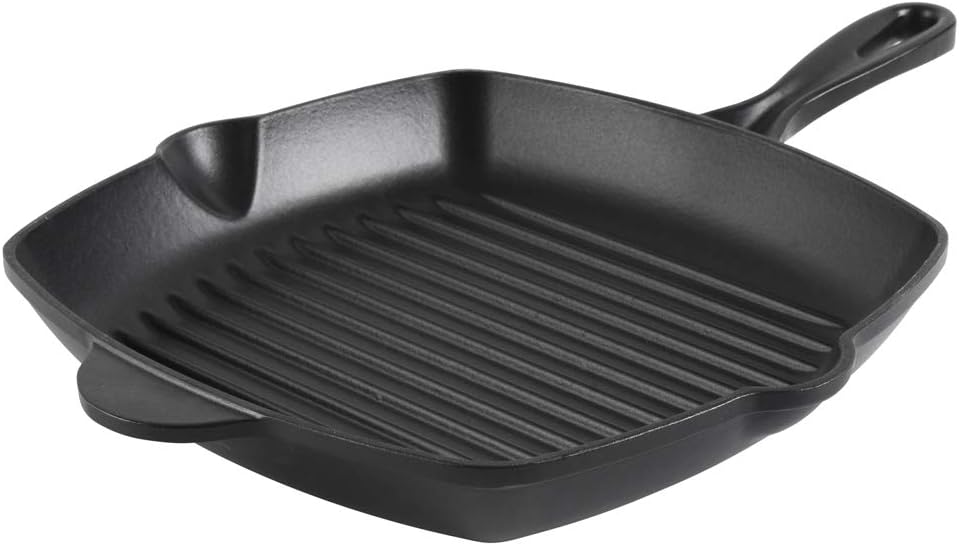 ProCook Matte Black Square Cast Iron Griddle with Ridged Inner Base Enamel Coated Induction & Oven Safe Heavy Cooking Grill Pan - 26 x 26 x 4 cm