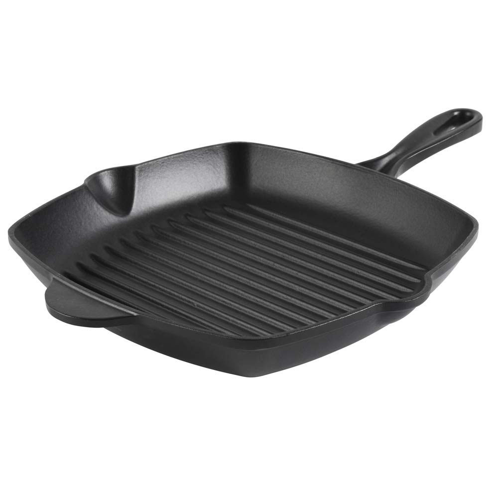 ProCook Matte Black Square Cast Iron Griddle with Ridged Inner Base Enamel Coated Induction & Oven Safe Heavy Cooking Grill Pan - 26 x 26 x 4 cm