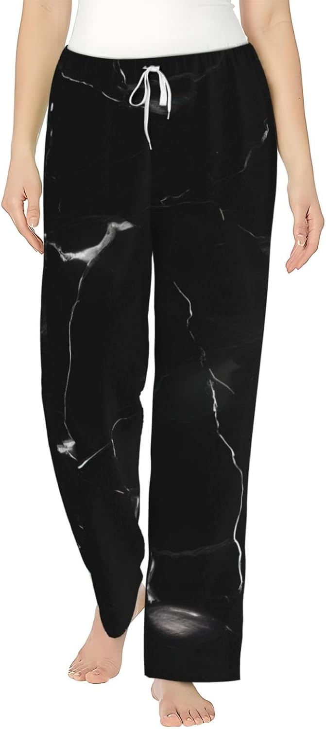 Black Marble Print Women'S Flannel Pajama Pants,Soft Warm Pajama Bottoms,Perfect For Holiday Lounging