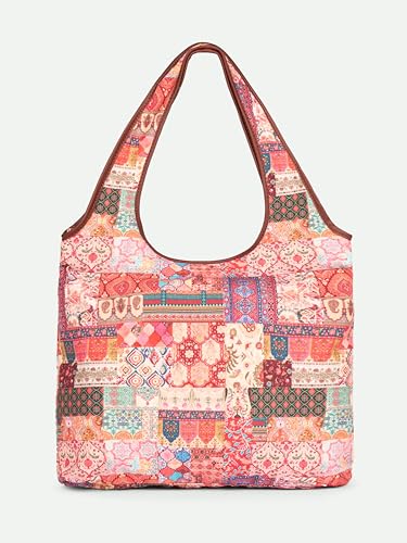 Image of ZOUK Printed Sora Tote Bag | Handcrafted Rollable Women's Tote | Vegan Leather & Canvas Lightweight Shoulder Bag for Daily Use