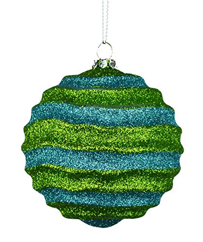 Queens of Christmas 12 Pack Stripe Waves Ball Christmas Ornaments, 80mm, Lime Green & Teal, 12 Count