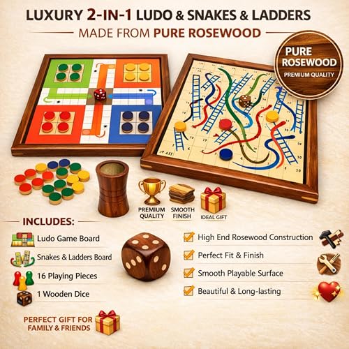 Image of Wooden Ludo Board Game with Snakes & Ladders - 2 in 1 Handmade Pure Rosewood Board Game | Classic Family Indoor Game for Kids & Adults | Travel Friendly Traditional Game with Dice & Pawns (10.5 Inch)