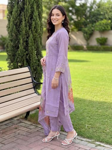 Image of INDO ERA Women's Silk Blend Embroidered Thread Work Kurta & Pant with Dupatta Set