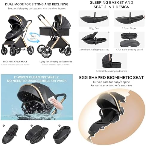 Reenborn PU Leather 2 in 1 Baby Stroller, Reversible Standard Stroller, Convertible Pram, Infant Carriage, Portable Baby Buggy, Foldable High Landscape Pushchair for Toddler Newborn (V6 Black) - 2