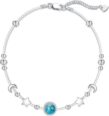 Natural Turquoise Bracelet for Women 925 Sterling Silver Moon and Star Bracelet Foot Anklet Chain Jewelry Gift for Her Friend, Adjustable Chain 8"+2"