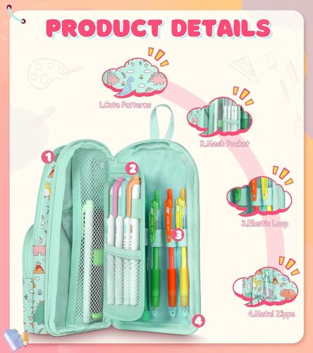 Image of Dravina Canvas Large Capacity Pencil Pouch with 3 Zippers & 5 Compartments| Aesthetic Stationary Standing Pencil Case| Waterproof School Box for Girls & Boys Unicorn Pencil Box (Green Dinosaur)