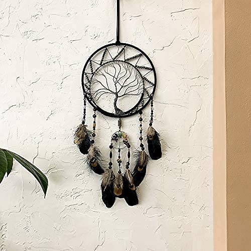 7 Chakren Baum des Lebens Traumfänger Wanddekoration mit Regenbogen Heilung Kristall Stein Handmade Black Feather DreamCatchers Wand hängende Ornamente für Schlafzimmer Decor Segen Geschenk Hochzeit