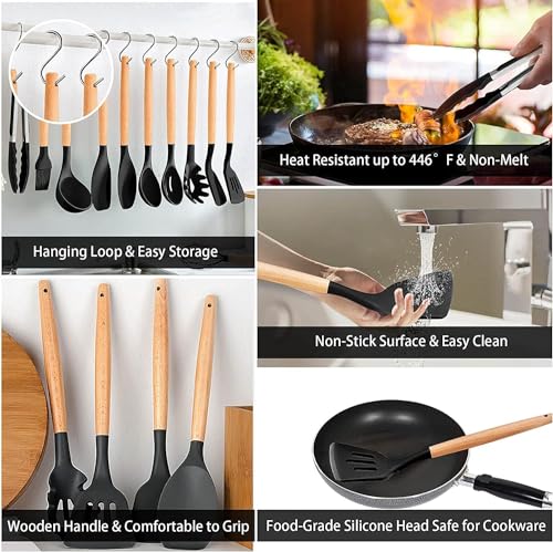 Image of Barebeauty 12 Pcs Silicone Kitchen Utensils Set with Holder Heat Resistant Silicone Spatula | Turner Set Wooden Spoons Kitchen Tools | Cooking Utensils for Nonstick Cookware (Black)