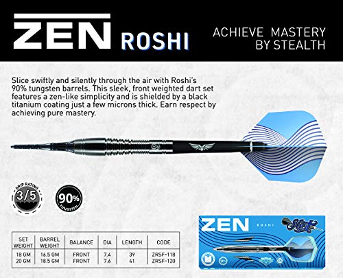 Shot Darts Soft Tip, Zen Roshi (18g/20g), 90% Tungsten Barrels, Front Balanced for Maximum Aerodynamics | Professional Soft Tip Darts Set for Electronic Dartboard | Made in New Zealand