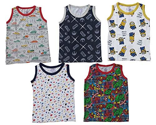 Image of Totz Touch Boys Regular Fit Sleeveless T Shirt / Tees / Vest / Baniyan | Pure Cotton 180 Gsm | Kids Casual Round Collar Tshirts (Pack 5 | Size Options - 0-6 Months / 12-24 Months / 2-3 Years / 3-4 Years / 4-5 Years)
