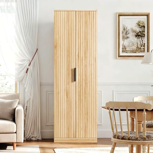 Image of VINGLI 70 inch Modern Pantry Cabinet with Fluted Doors, 5 Adjustable Shelves, Tall Storage Solution for Kitchen, Dining Room, or Living Room, Oak
