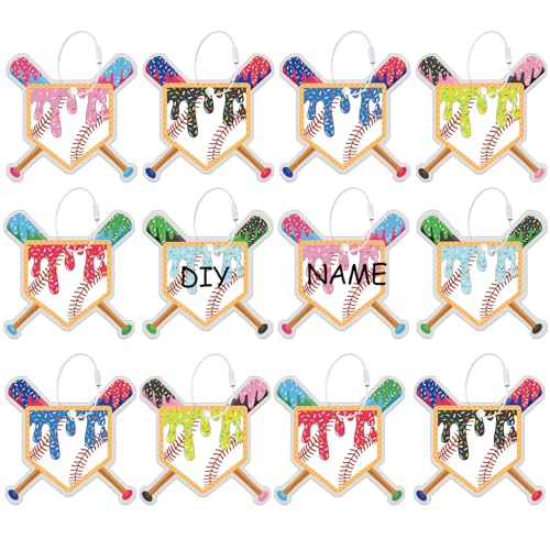 12 Pcs Ice Cream Drip Baseball Luggage Tags for Suitcases Travel Labels with Metal Ring Keychain DIY Name Baseball Ice Cream Drip Theme Party End of Season Team Gifts Bulk Bag Sports Accessories