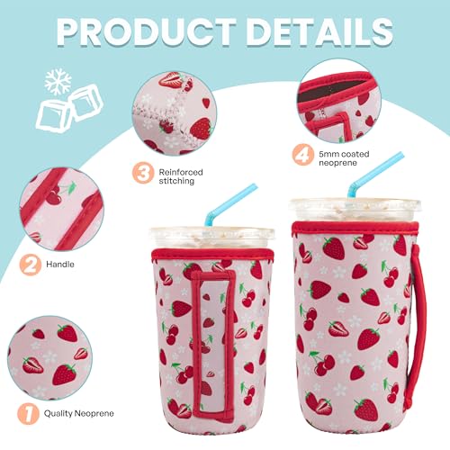 Image of KJQJLY 3 Pack Reusable Iced Coffee Sleeves for Iced Coffee Cups or Drinks Reusable Neoprene Insulated Sleeves for Hot and Cold Drinks from Starbucks, Dunkin, And More (Strawberry)