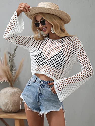 Image of Women Crochet Hollow Out Sweater See Through Fishnet Knit Pullover Cropped Tops