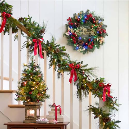 Pre-Lit Christmas Wreath with 40 Colorful Lights, Artificial Christmas Wreath Decorated with Pine Cones, Berry Clusters, Ball Ornaments, Christmas Decorations for Window Indoor Outdoor