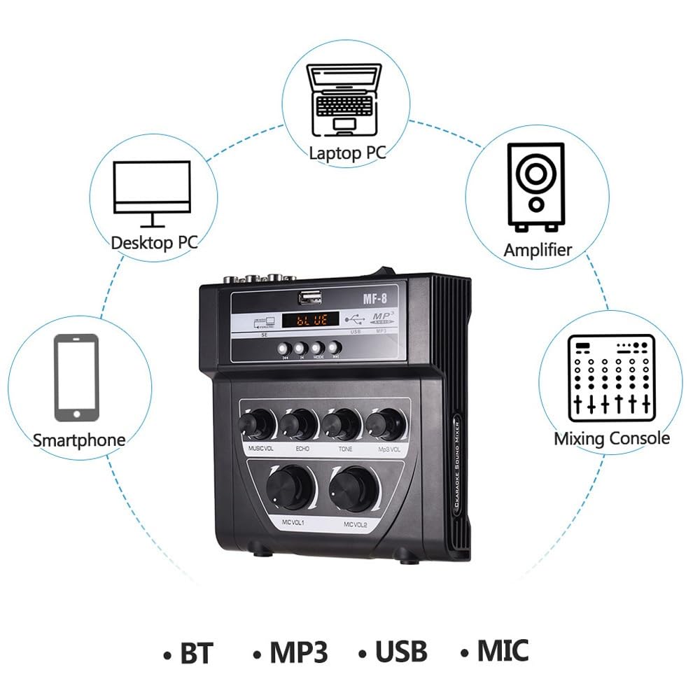 Mikser DJ-ski, Mikser dźwięku Miksery echa stereo Podwójne wejścia mikrofonowe Obsługa nagrywania BT MP3