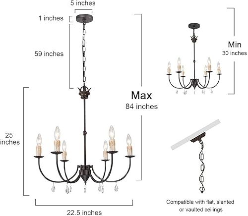 Miniatura 6 de LOG BARN Lámpara de araña de granja, lámpara negra de 6 luces para vestíbulo, dormitorio, comedor con colgantes de cristal, 22.5 pulgadas de diámetro
