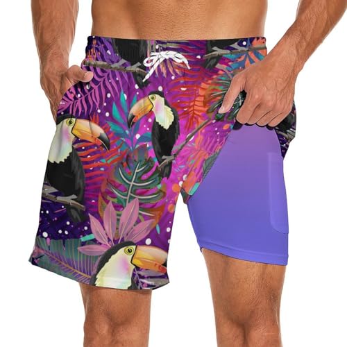 Hawaii Floral Toucan Mens Swim Trunks with Compression Liner 5” Quick Dry Swimwear Bathing Suit Funny Swimming Board Shorts with Pockets
