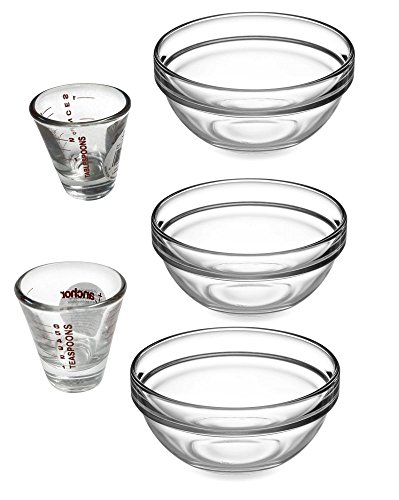 3 Small Glass Prep Mixing Bowls and 2 Shot Glass Measuring Cup 5 Pc Set - Perfect for Measuring Prepping Mixing Baking Cooking and More