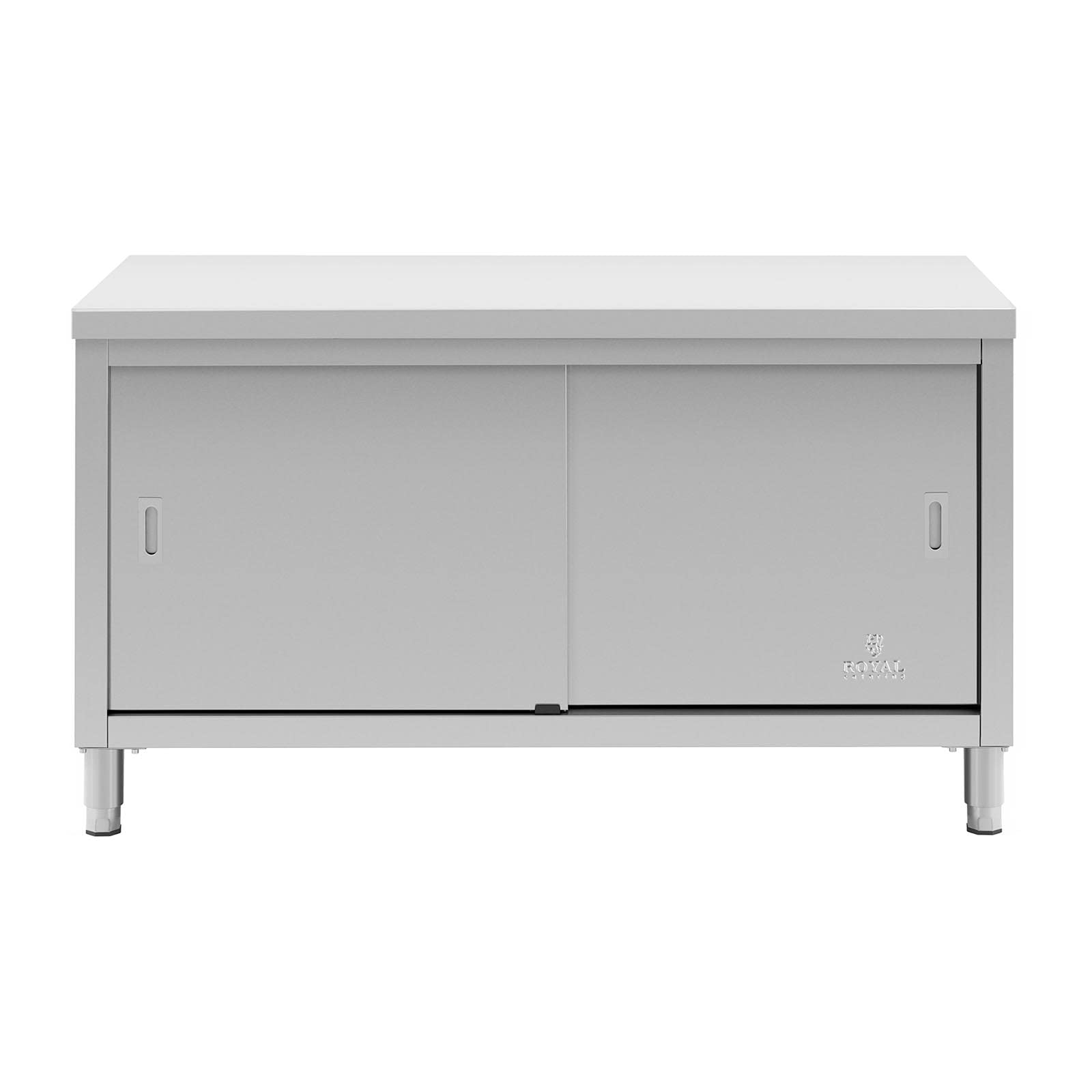 Royal Catering Tavolo Armadiato Acciaio Inox Banco Da Cucina Porte Scorrevoli RCSSCB-150x60-E (150 x 60 x 85 cm, 600 kg)