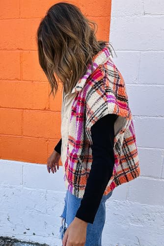 EARKOHA Womens Sleeveless Top Rose Sherpa Plaid Jacket Vest2