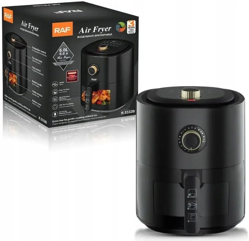 RAF 6-Liter Air Fryer next to its product packaging.