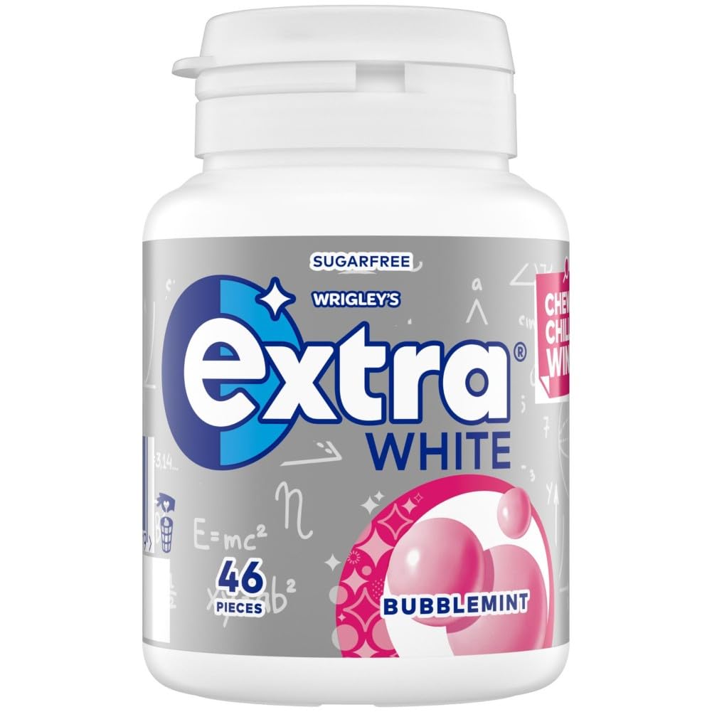 Wrigley's Extra White Chewing Gum, Bubblemint Flavour, 46 pieces, Sugar Free Chewing Gum Bottle with Xylitol