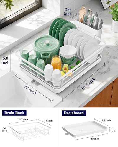 Image of Kitsure Dish Drying Rack for Kitchen Counter, Stainless Steel Sink Organization and Storage Essentials with Cutlery Holder, Home and Appartment Decor, 12''W x 15.5''L, White