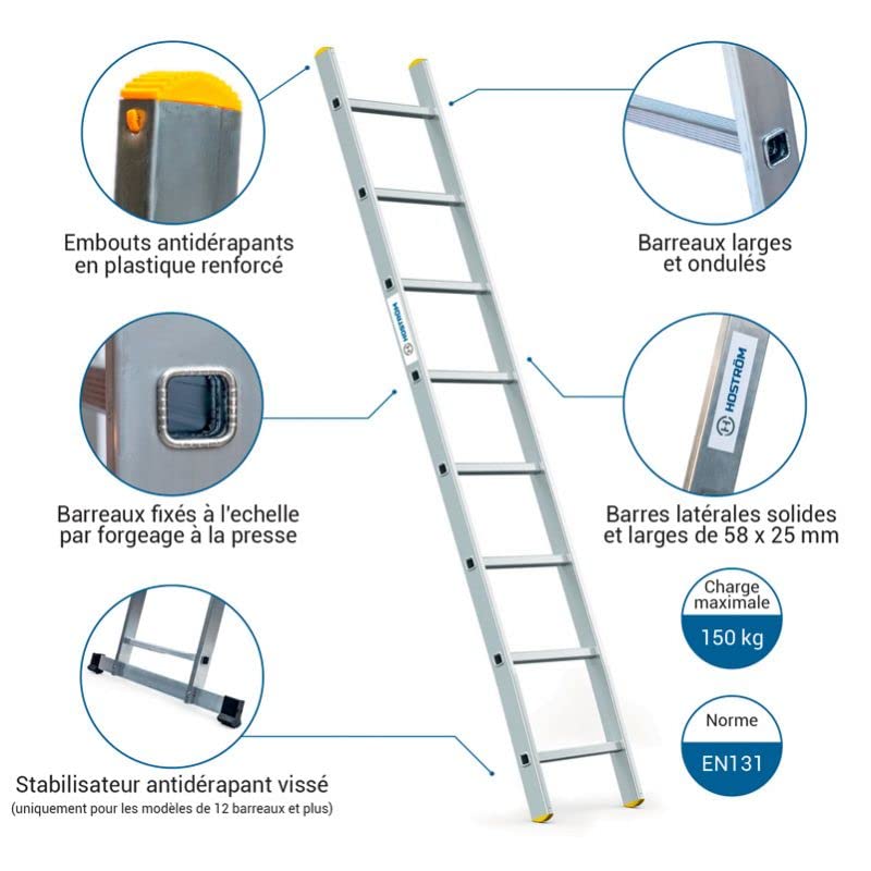 HOSTRÖM Echelle Simple StablePro 8 marches en Aluminium, légère et Durable, Hauteur de Travail maximale 3,2m, Garantie 5 Ans, Charge maximale 150kg